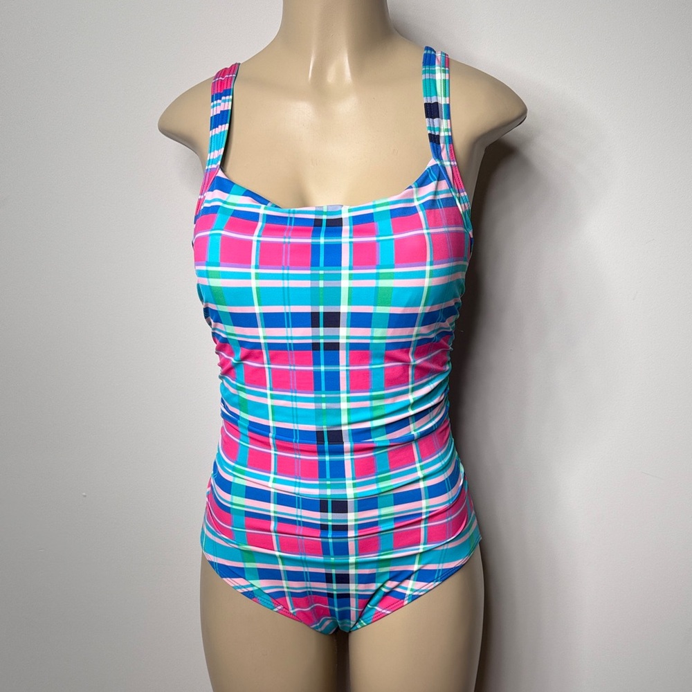 Vibrant Plaid One Piece Swimsuit - Pink and Blue